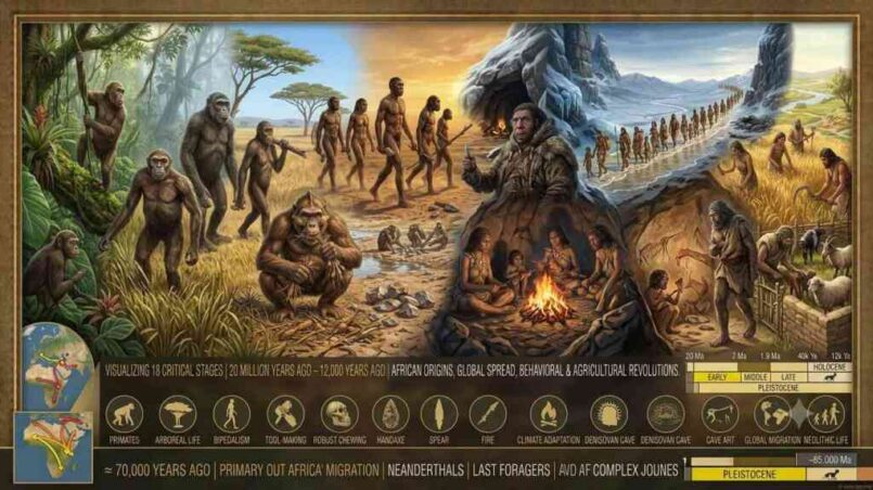 A featured cover image for a WordPress timeline blog post, depicting a panoramic, detailed illustration of human evolution across stages from early primates to the agricultural revolution, composed as a dynamic timeline within an aged, gilded frame.