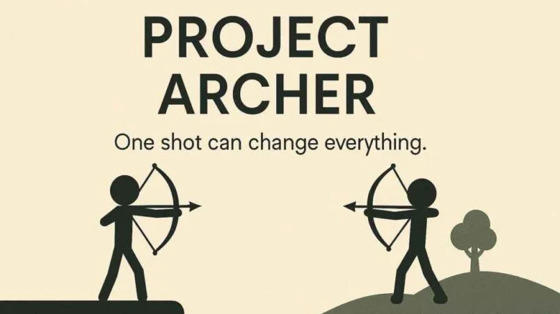“Wide horizontal banner with opposing stickman archers aiming bows across uneven terrain.”